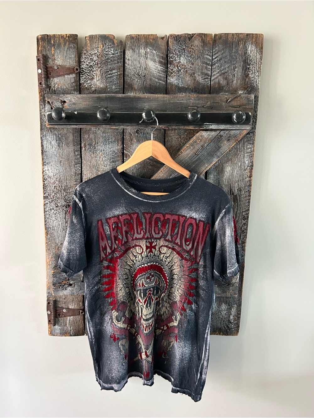 Men's Affliction Black Tee with Red and Cream Skull Graphic